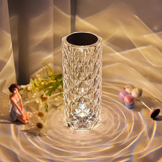 USB Powered Crystal Table Lamp – Cylindrical Diamond-Cut LED Bedside Light (5V, On/Off Switch)