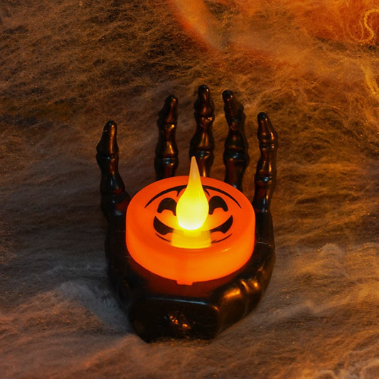Halloween Skeleton Hand LED Tea Light – Battery-Operated Flameless Candle, Pumpkin/Spider Web