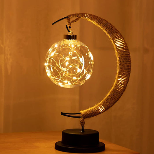 Crescent Moon & Star LED Night Light – Rattan Star, Warm White Table Lamp | Zichenglight