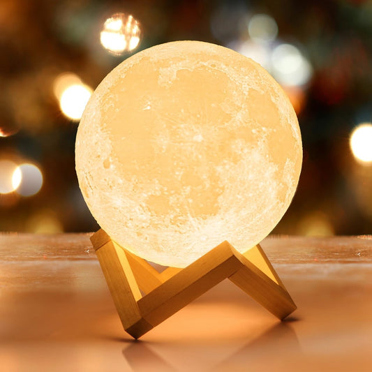 LED Moon Lamp Night Light, 3D Lunar Texture, Wooden Stand, Warm Glow Bedside Table Lamp