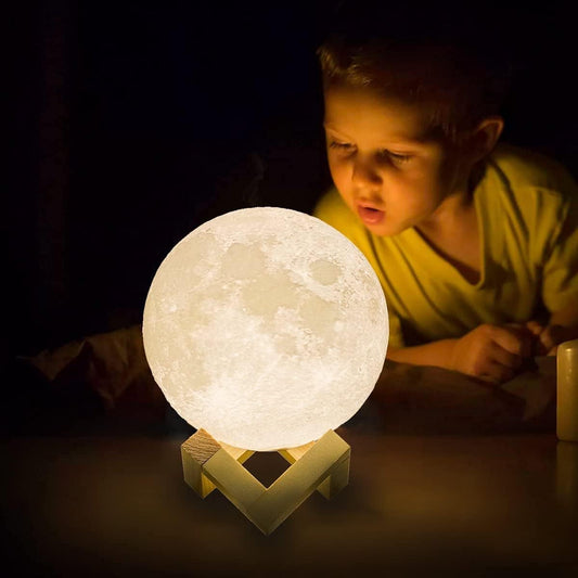 LED Moon Lamp Night Light, 3D Lunar Texture, Wooden Stand, Warm Glow Bedside Table Lamp