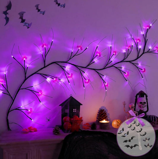Halloween Branch Vine LED Fairy Lights – Purple Wall Decor, Bendable Twig Garland with Bat Stickers