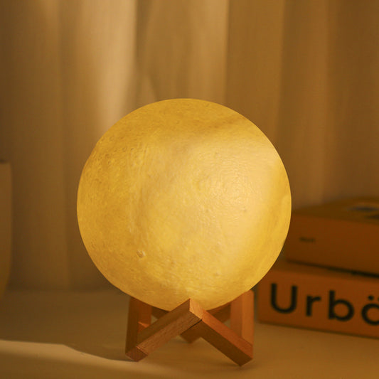 LED Moon Lamp Night Light, 3D Lunar Texture, Wooden Stand, Warm Glow Bedside Table Lamp