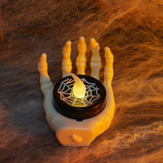 Halloween Skeleton Hand LED Tea Light – Battery-Operated Flameless Candle, Pumpkin/Spider Web