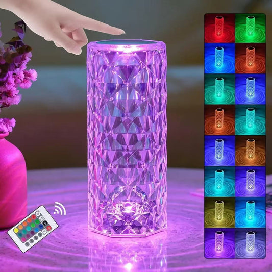 USB Powered Crystal Table Lamp – Cylindrical Diamond-Cut LED Bedside Light (5V, On/Off Switch)