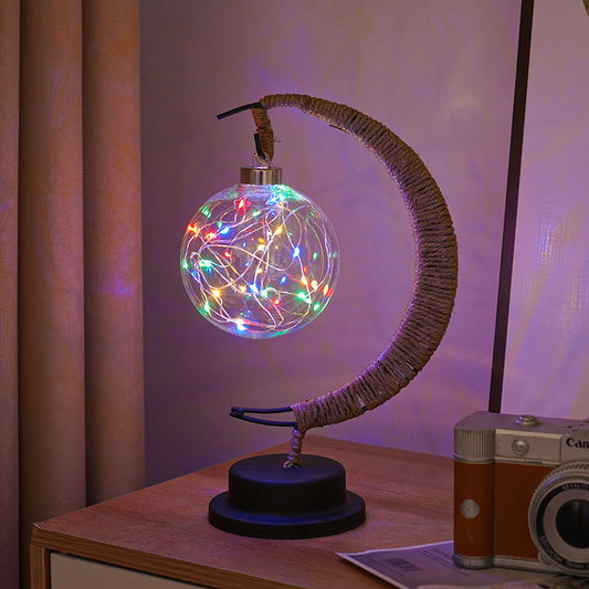 Crescent Moon & Star LED Night Light – Rattan Star, Warm White Table Lamp | Zichenglight