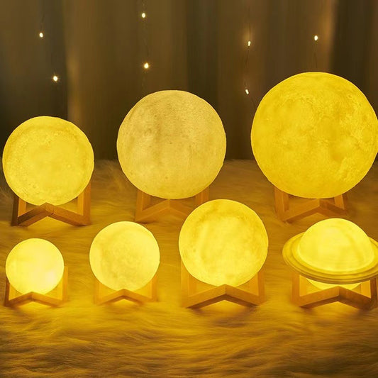 LED Moon Lamp Night Light, 3D Lunar Texture, Wooden Stand, Warm Glow Bedside Table Lamp
